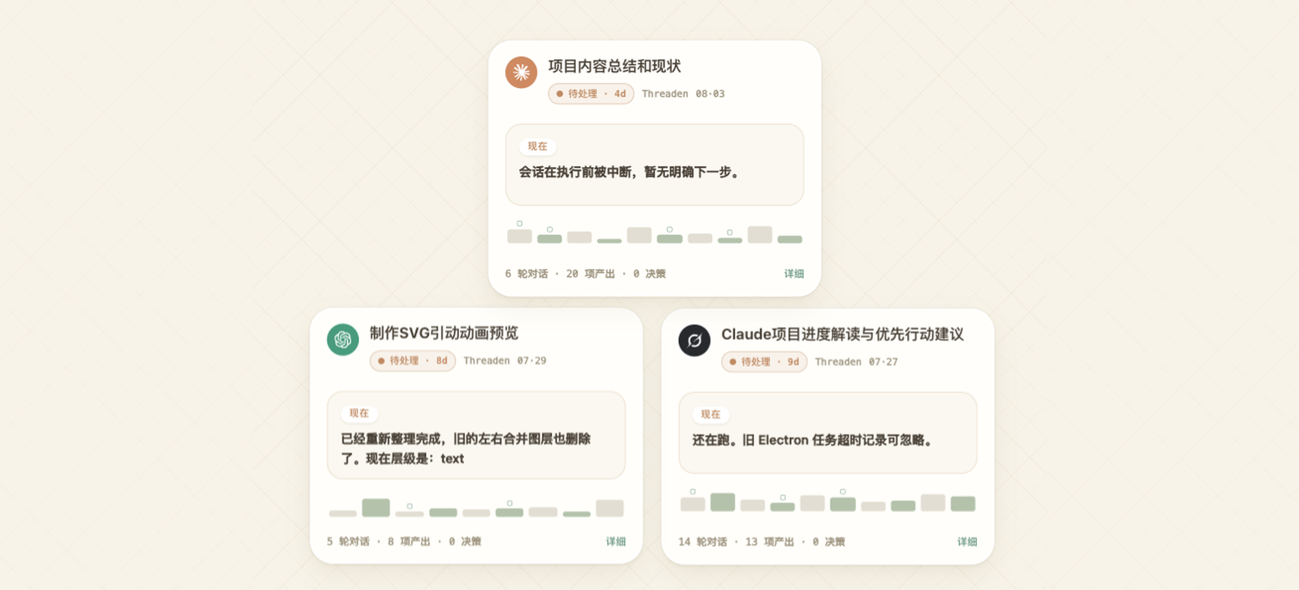 宽幅画布上三张来自不同 Agent 的会话卡片：项目总结、SVG 动画预览、Claude 进度解读