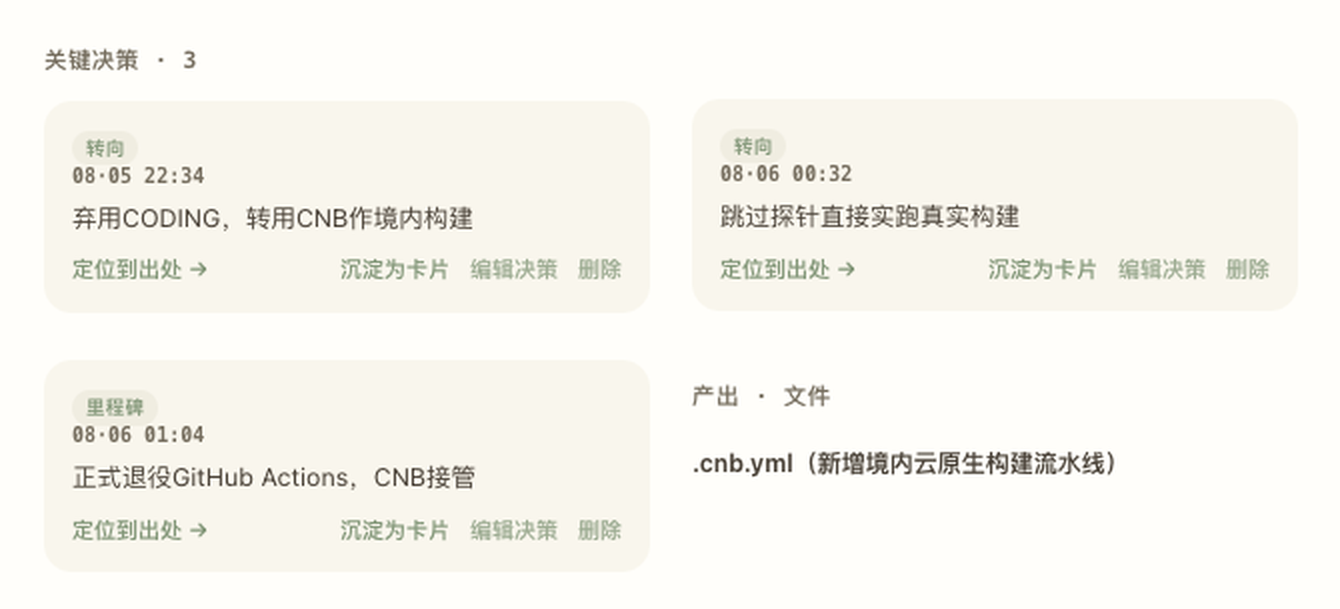 关键决策面板完整视图：三条决策条目与产出文件，附「定位到出处」「沉淀为卡片」等操作